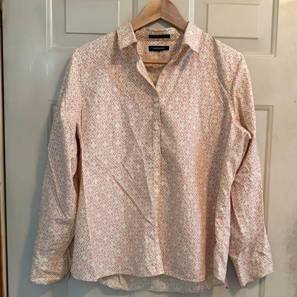 Lands' End No-Iron Button Down Cotton Blouse Pink Cream Trellis Print